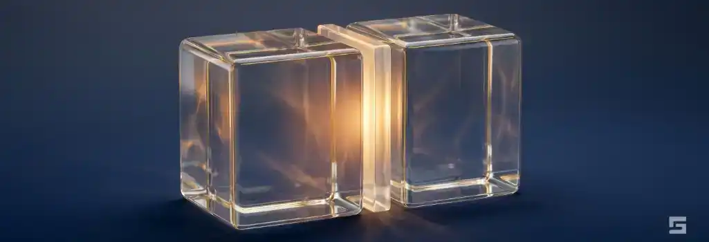 Intersecting clear glass blocks separated by a glowing amber buffer layer, representing liability and impact in a rear-end collision. Dedicated personal injury legal insights provided by Grano Law Offices, P.C.