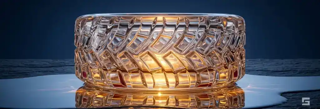 Abstract clear glass tire treads over dark water illuminated by a warm amber glow, representing financial recovery and safety after a New Mexico OHV or ATV accident. Injury litigation resources by Grano Law Offices, P.C.
