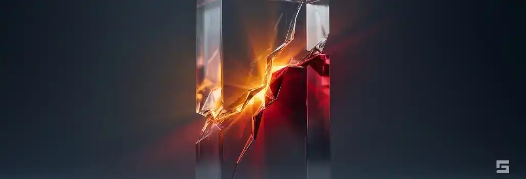 A solid clear glass monolith with a jagged glowing fracture illuminated by intense amber and maroon red light against a navy background, symbolizing aggressive defense against aggravated assault charges. Legal representation by Grano Law Offices, P.C.