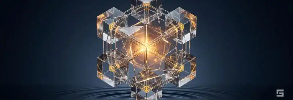 A clear glass interconnected geometric structure glowing with comforting amber light over water ripples, representing the financial recovery and settlement value of a broken arm. Personal injury representation by Grano Law Offices, P.C.