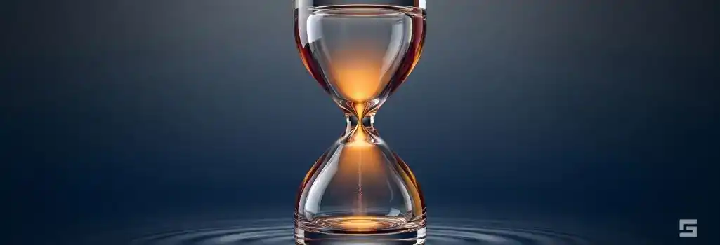 A clear glass hourglass illuminated by warm amber light over water ripples on a navy blue background, representing the timeline for insurance companies to handle accident injuries. Personal injury resources from Grano Law Offices, P.C.