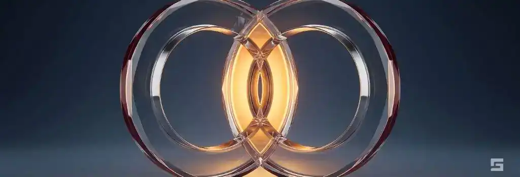 Symmetrical clear glass overlapping rings glowing with warm amber light on a slate gray background, representing statutory age exemptions and Romeo and Juliet laws. Strategic criminal defense guidance from Grano Law Offices, P.C.
