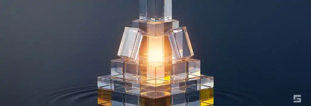 Stacked clear glass foundational blocks glowing with a warm amber light on a deep navy background, representing the complex insurance compensation structure. Dedicated personal injury guidance by Grano Law Offices, P.C.
