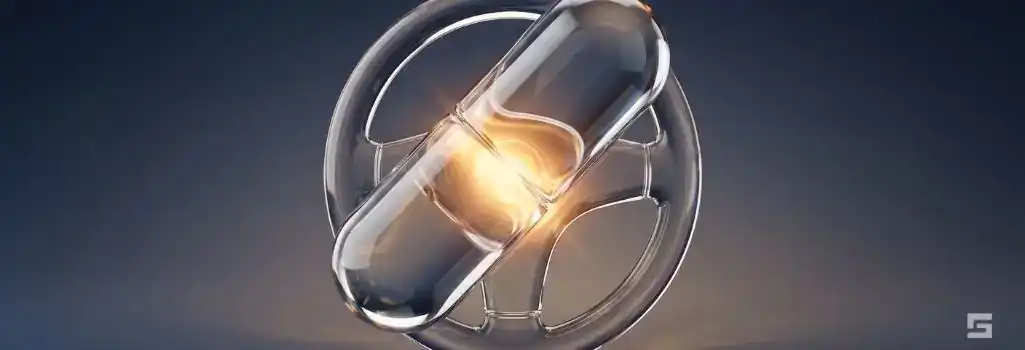 A clear glass pharmaceutical capsule and steering wheel illuminated by a warm amber glow, representing prescription drug DUI laws in New Mexico. Defense resources and civil liberty protections by Grano Law Offices, P.C.