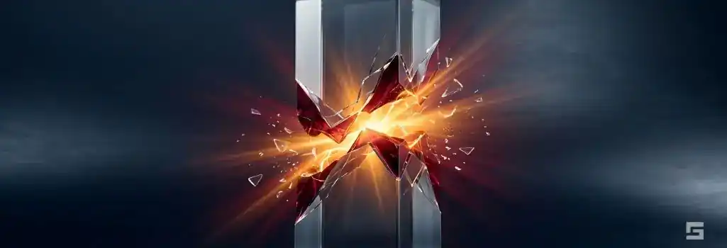 A solid clear glass monolith with a jagged glowing fracture illuminated by intense amber and maroon red light against a navy background, symbolizing aggressive defense against aggravated DUI charges. Legal representation by Grano Law Offices, P.C.