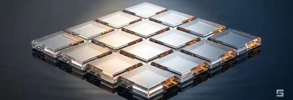 Sixteen perfectly aligned clear glass panes glowing with amber and white light on a deep navy background, representing the meticulous organization of crucial injury claim files. Dedicated personal injury guidance by Grano Law Offices, P.C.