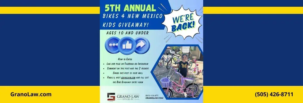 A featured image announcing the 5th Annual Bikes 4 New Mexico Kids - Grano Law Offices, P.C. This photo features Marc's daughters with their bicycles.