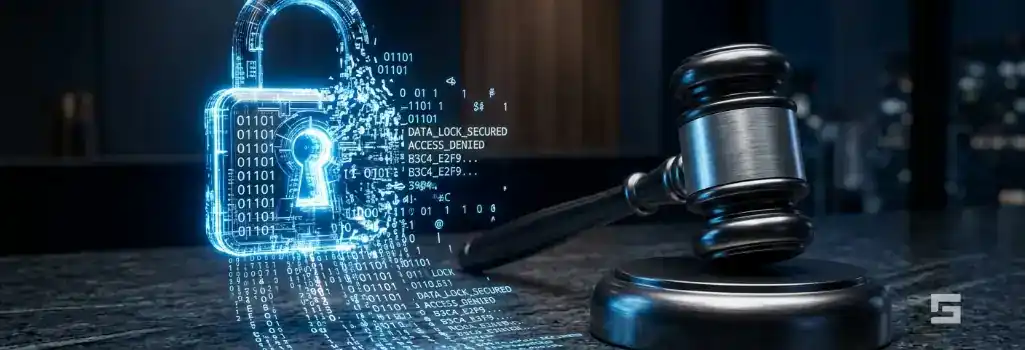 A dissolving digital padlock next to a legal gavel, illustrating how public AI platforms lack attorney-client privilege in New Mexico criminal defense cases.