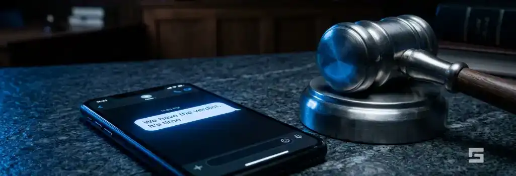 Why Using AI for Your NM Criminal Defense Will Come Back to Haunt You 1 A smartphone displaying an AI chat interface resting beside a legal gavel, representing the risk of law enforcement seizing public AI chat history as evidence.