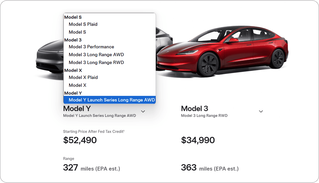 ✅ tesla.com: Il sito di Tesla permetteva agli utenti di confrontare diversi modelli di Tesla utilizzando una tabella dinamica. ✅ tesla.com: Il sito di Tesla permetteva agli utenti di confrontare diversi modelli di Tesla utilizzando una tabella dinamica.