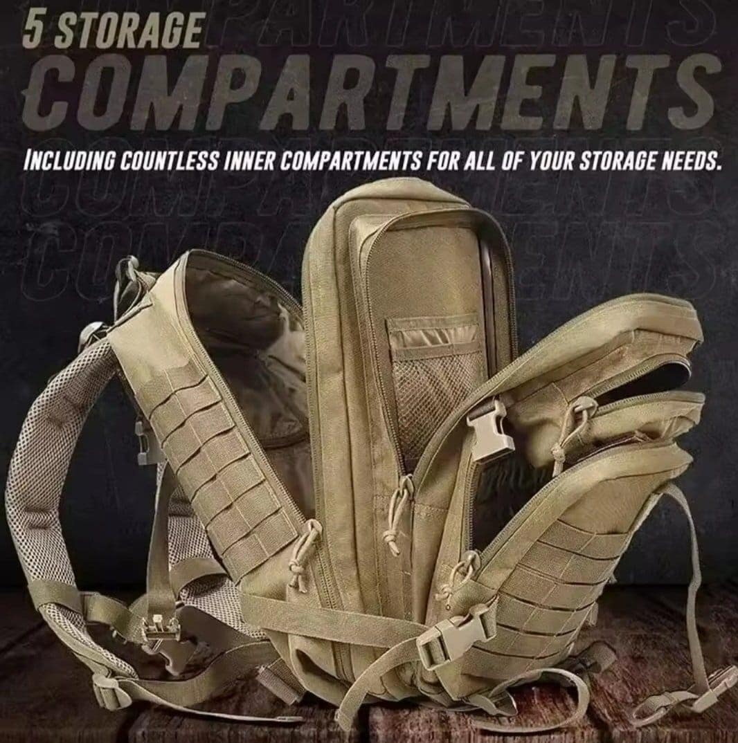 Multiple storage compartments tactical backpack for all your carrying needs, ideal for outdoor activities and travel. Durable, organized, with numerous inner pockets for convenience.