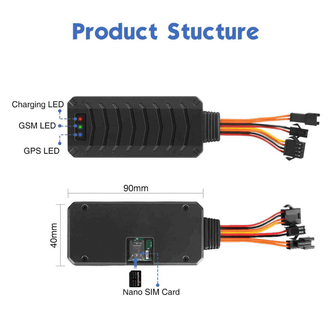 Charging LED, GSM LED, GPS LED indicators on a black device with colorful wiring for vehicle GPS tracking system.