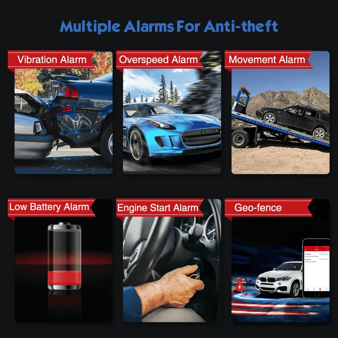 Car accident involving a rear-end collision with multiple alarms for anti-theft systems, including vibration, overspeed, movement, low battery, engine start, and geo-fence alerts.