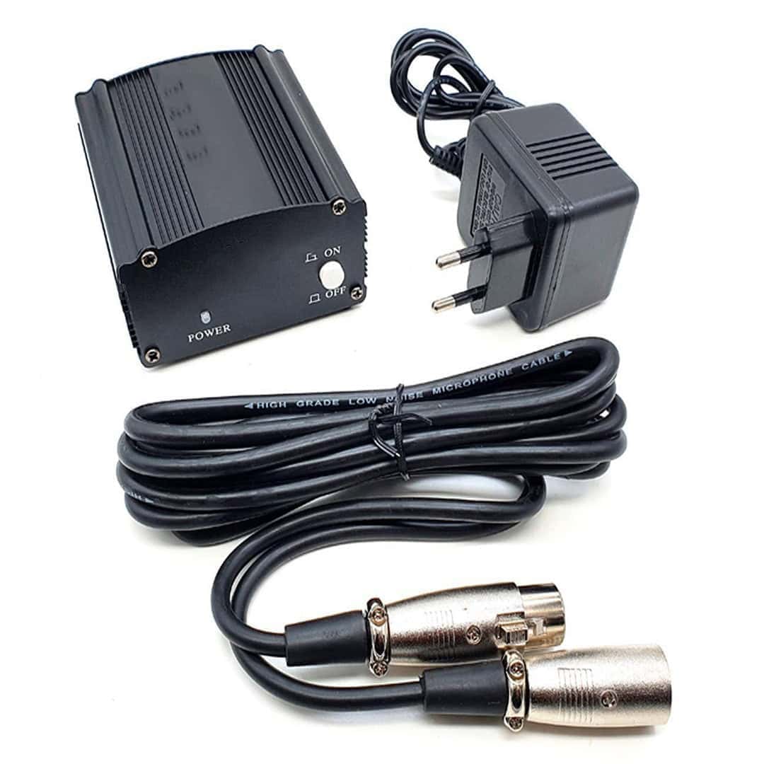Portable audio amplifier with power adapter and microphone cable for enhanced sound quality, ideal for home or professional use. Perfect for microphones, musical instruments, and audio equipment setup.