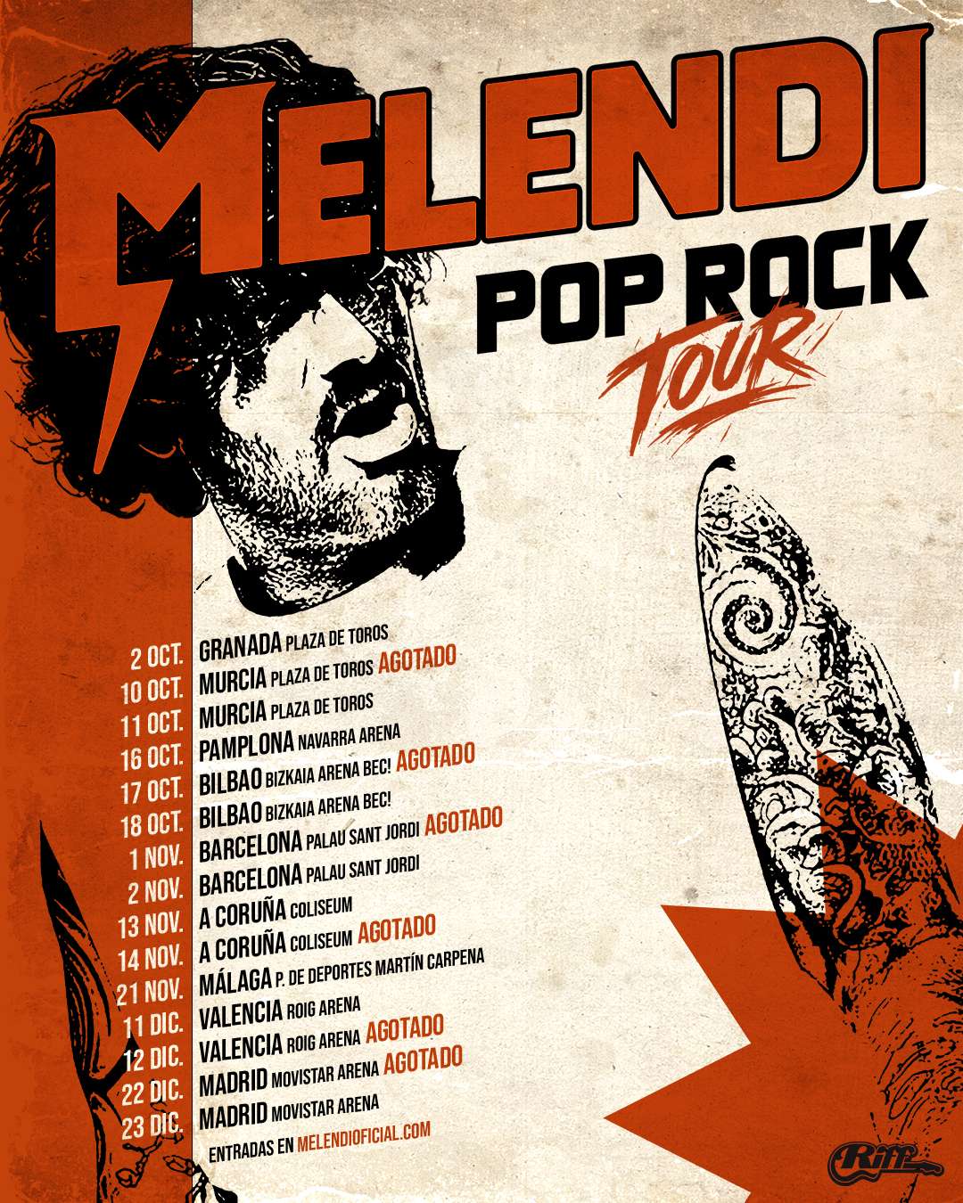 Cartel oficial de la gira Pop Rock Tour de Melendi 2026 con fechas y ciudades en España.