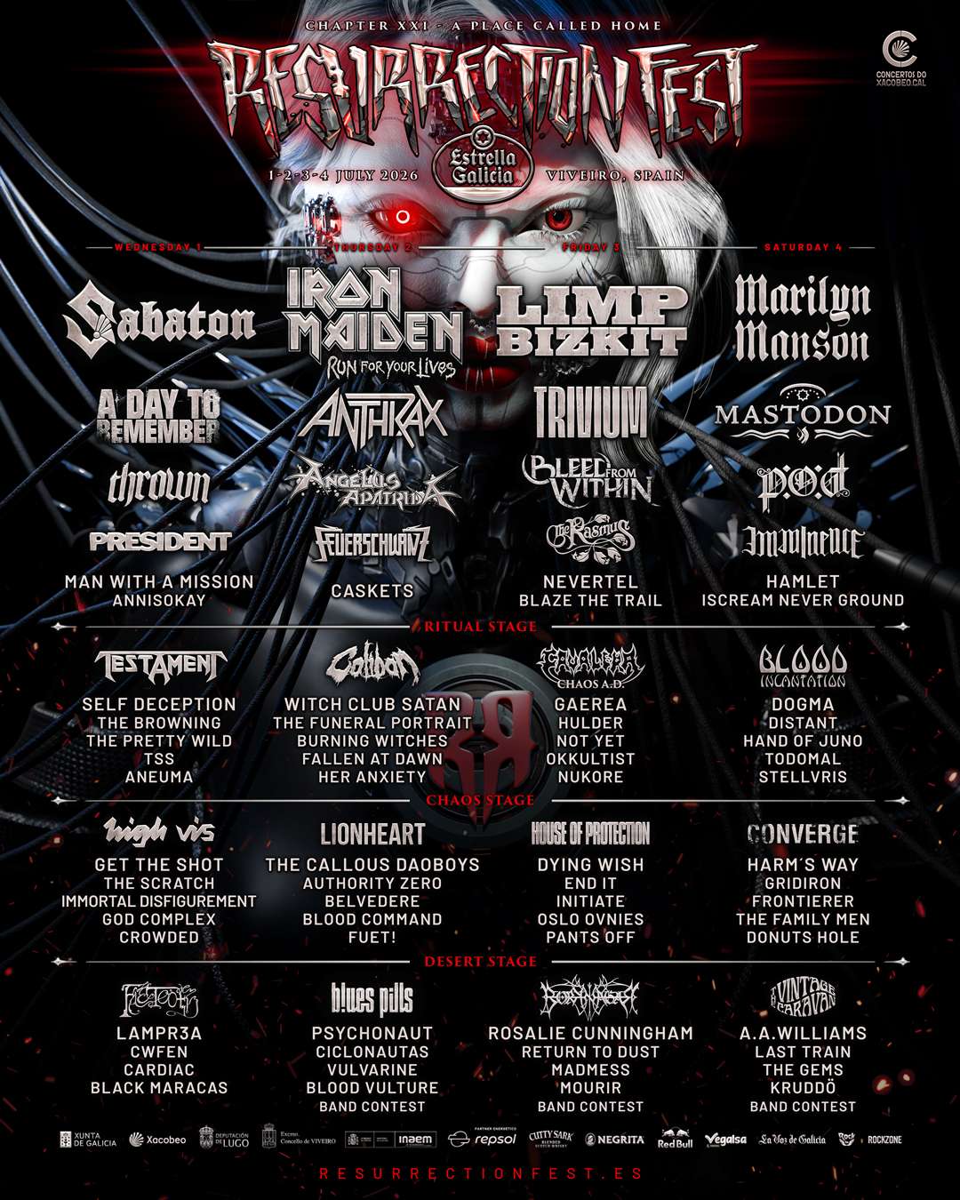 Cartel oficial del Resurrection Fest 2026 por días con Sabaton, Iron Maiden, Limp Bizkit y Marilyn Manson en Viveiro.