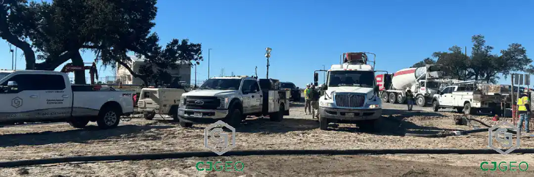multiple CJGeo trucks, a concrete pump & ready mix truck onsite for hdd conductor casing grouting