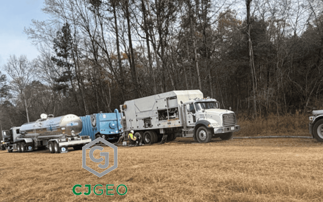 CJGeo batch plant, water truck, frac tank and two cement tankers onsite at a construction site in a field