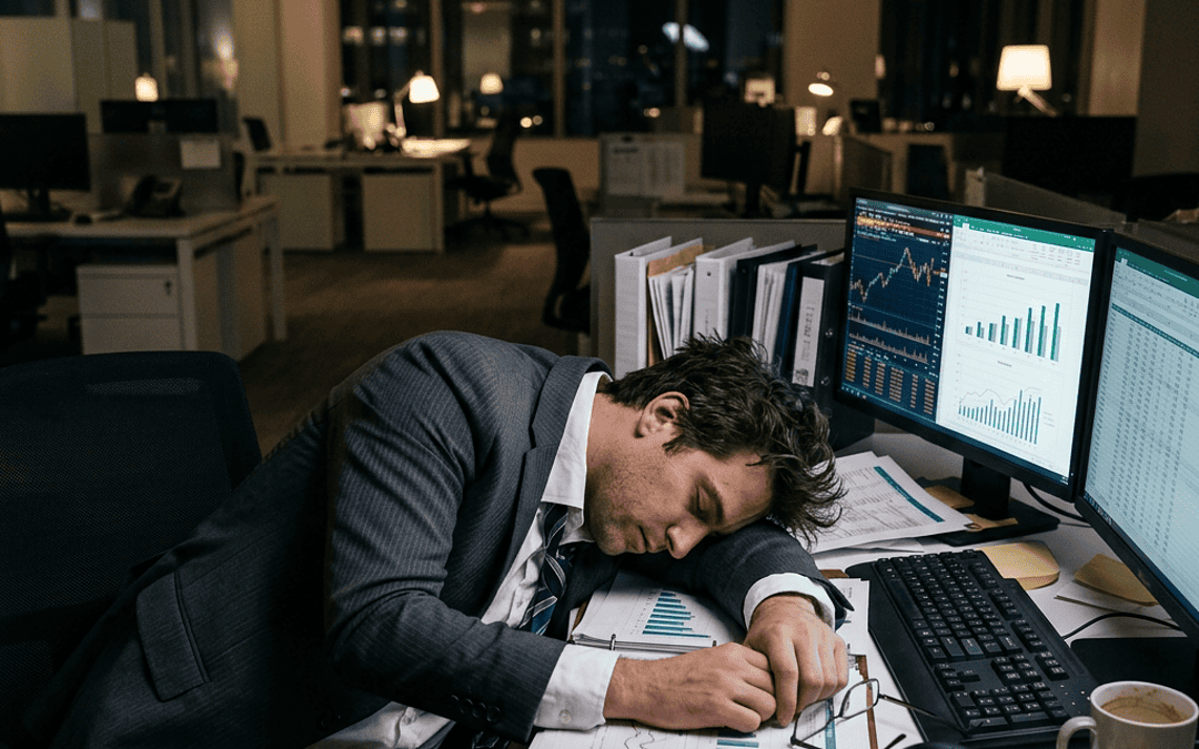 Exhausted office worker asleep at desk beside financial charts