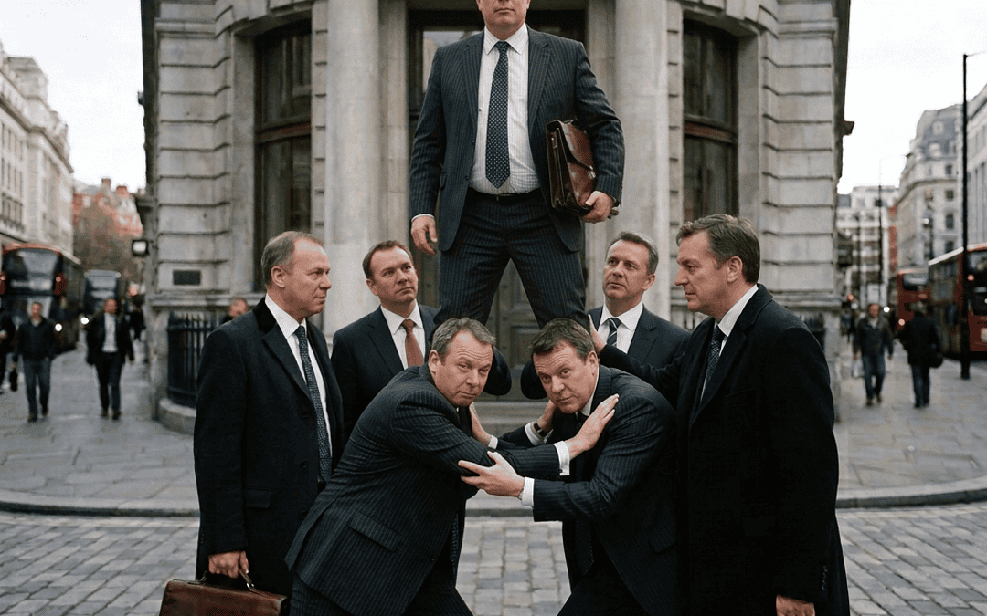 Five businessmen stand outside the Bankers Trust Building in London