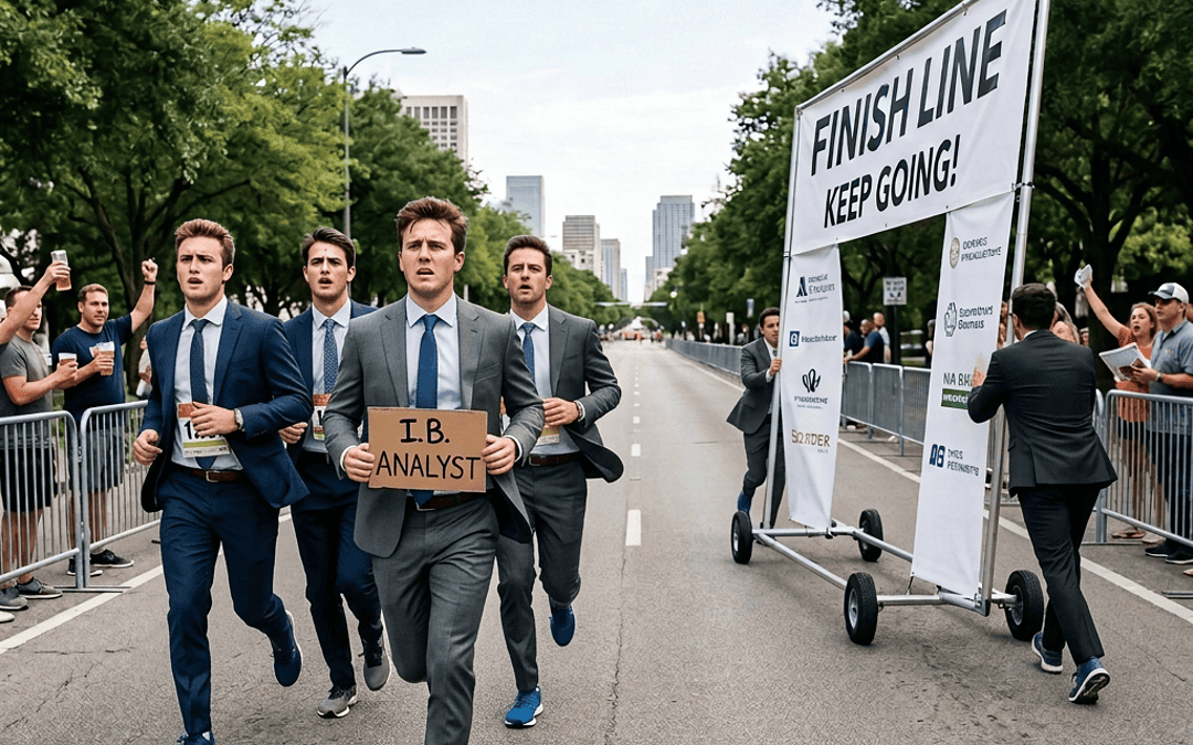 Runners carrying an “I.B. INTERNSHIP” sign beside a “FINISH LINE KEEP GOING!” banner