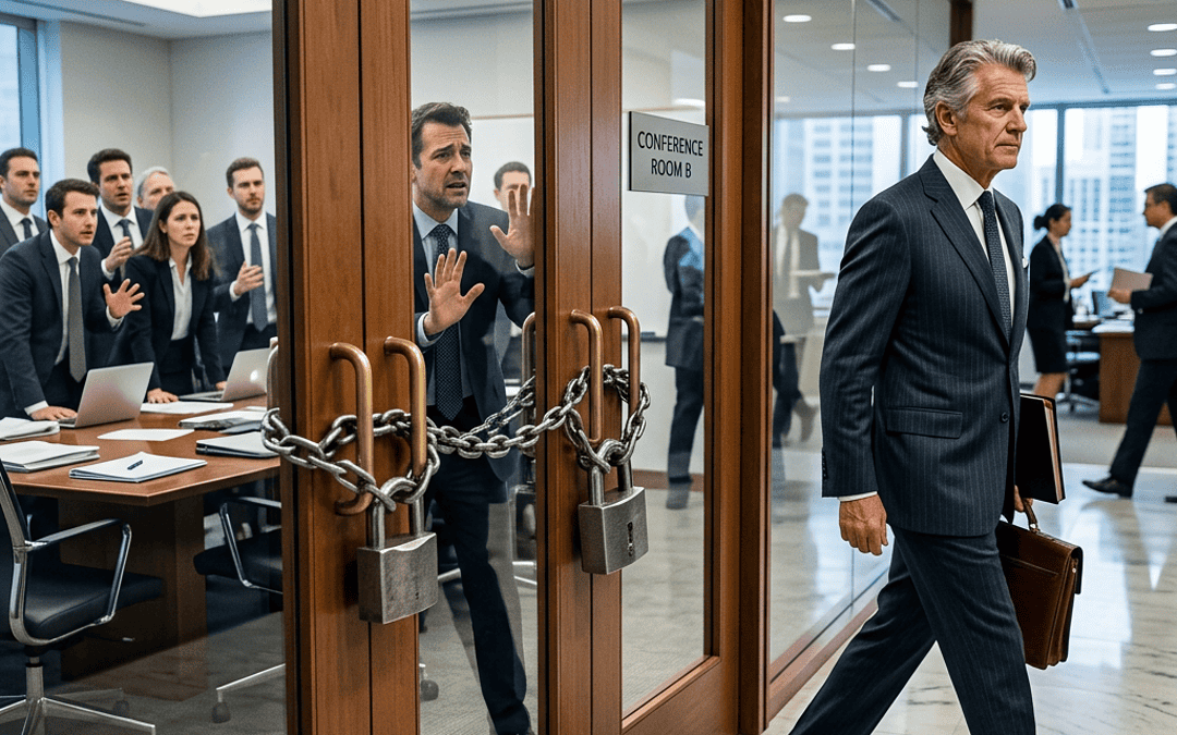 Executive walks past chained Conference Room B as colleagues watch from inside