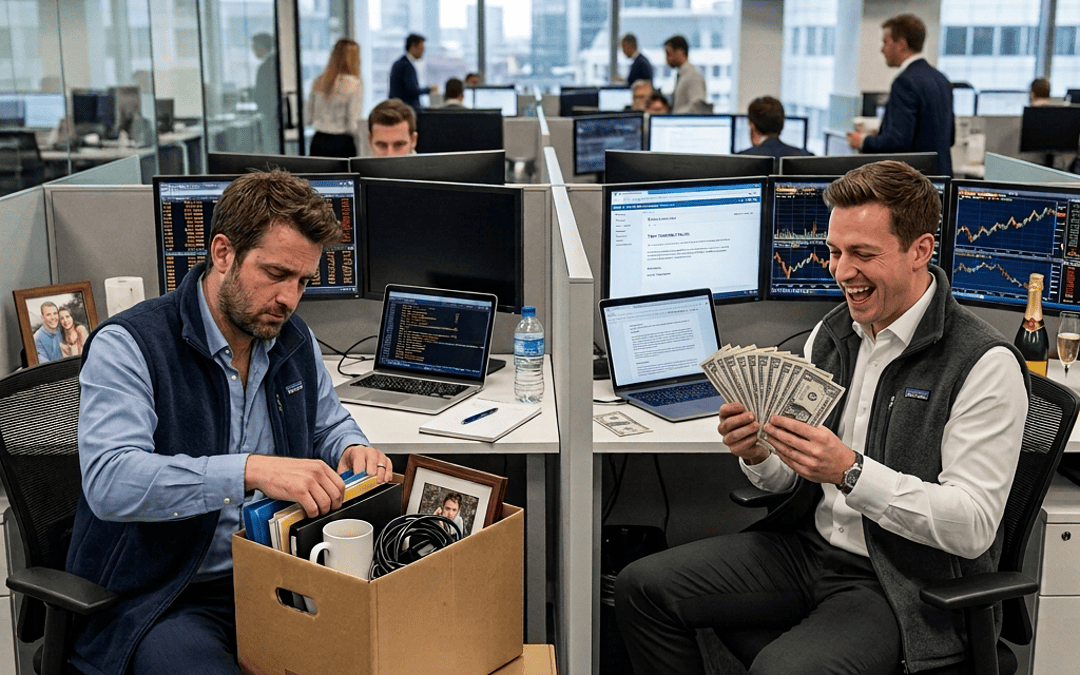 Dismissed worker packs belongings as colleague celebrates holding cash beside trading screens