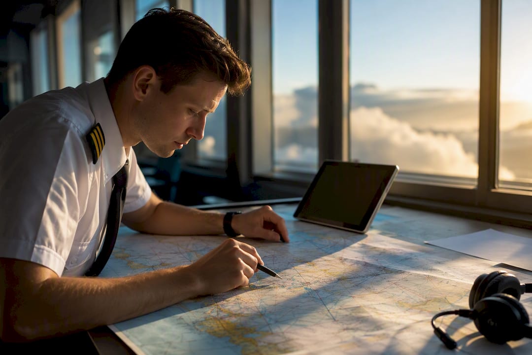 Pilot planning cross-country flight on chart