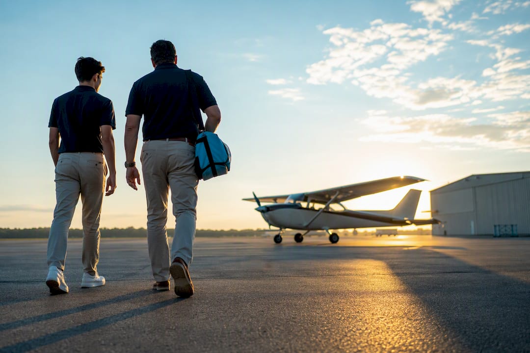 Student pilot and instructor walking across airfield