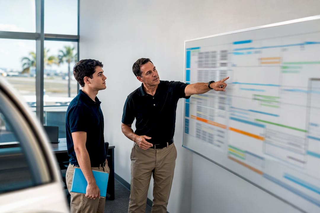 Instructor and student reviewing flight training sequence