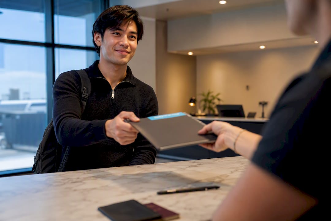 Student receiving I-20 document folder