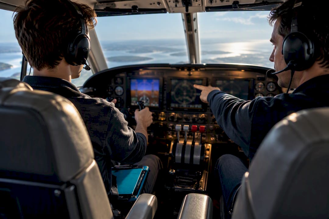 Flight instructor teaching in multi-engine cockpit