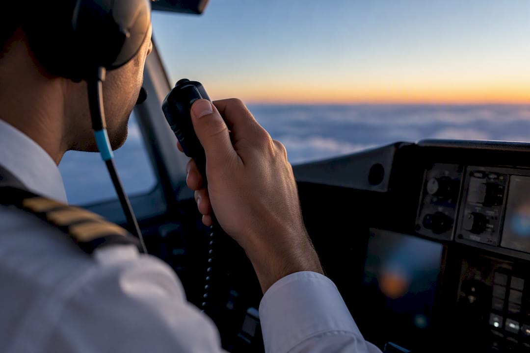 Pilot transmitting radio message from cockpit