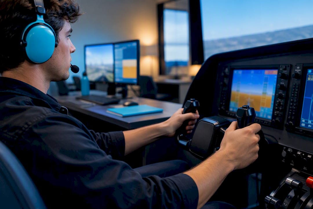 Student practicing glass cockpit controls in AATD