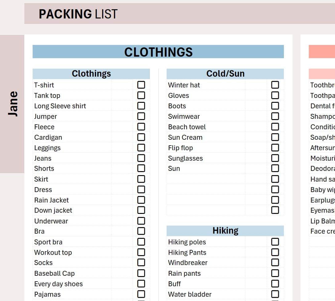 A packing list template divided into categories like clothing, cold/sun essentials, and hiking gear, with checkboxes to mark off items like T-shirts, swimwear, and hiking poles.