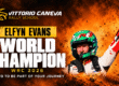 Celebratory graphic of Elfyn Evans, 2026 World Rally Champion, with Vittorio Caneva Rally School branding.
