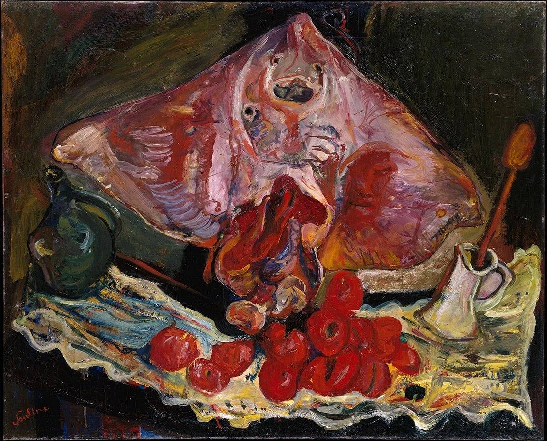 Succulent raw meat platter with cherry tomatoes and kitchen utensils, vibrant oil painting, still life composition, rich colour palette, inspired by classical culinary art, perfect for foodie and chef websites.