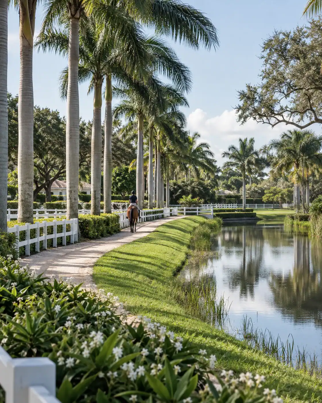 Horseback rider on a palm-lined Wellington Florida bridle trail beside a canal