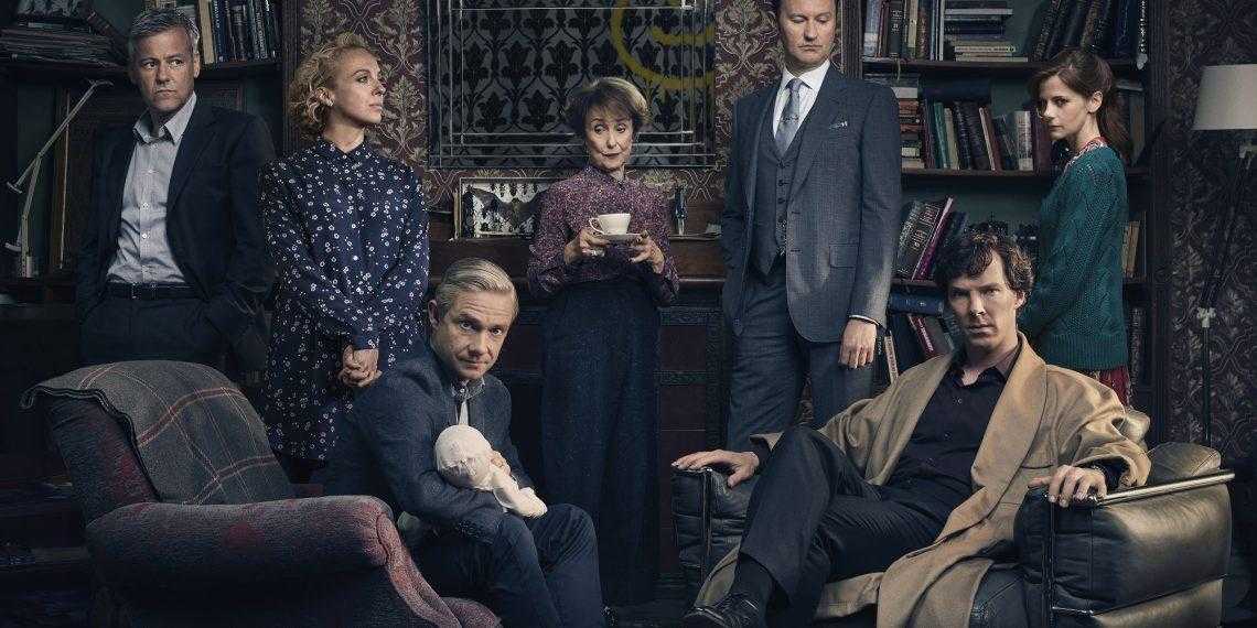 Picture shows: D.I. Lestrade (RUPERT GRAVES), Mary Watson (AMANDA ABBINGTON), John Watson (MARTIN FREEMAN), Mrs Hudson (UNA STUBBS), Mycroft Holmes (MARK GATISS), Sherlock Holmes (BENEDICT CUMBERBATCH) and Molly Hooper (LOUISE BREALEY).
