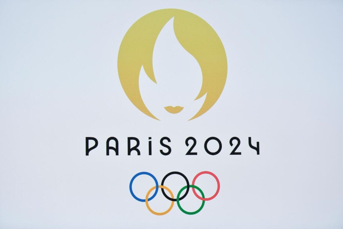 TOPSHOT - This picture taken on October 21, 2019 shows a logo during a logo presentation ceremony for Paris 2024 Olympic Games at the Grand Rex cinema in Paris. (Photo by STEPHANE DE SAKUTIN / AFP) (Photo by STEPHANE DE SAKUTIN/AFP via Getty Images)