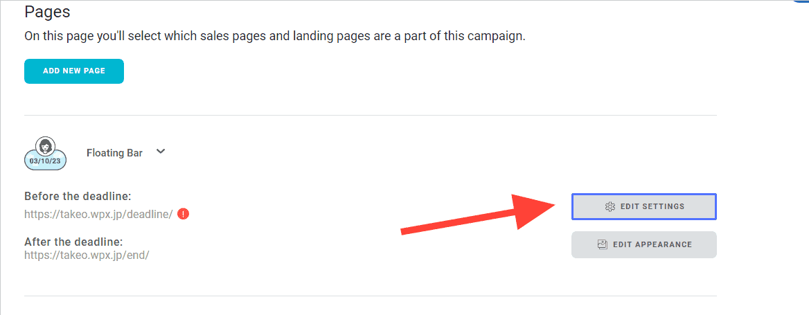 Deadline Funnelの設定をするには「edit settings」をクリックします