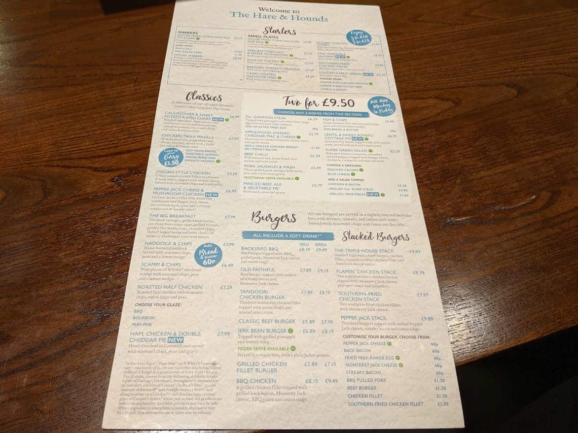 Menu at a pub restaurant.