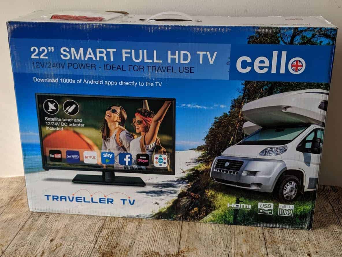 Cello 22" Traveller Smart Full HD TV boxed on a wooden table