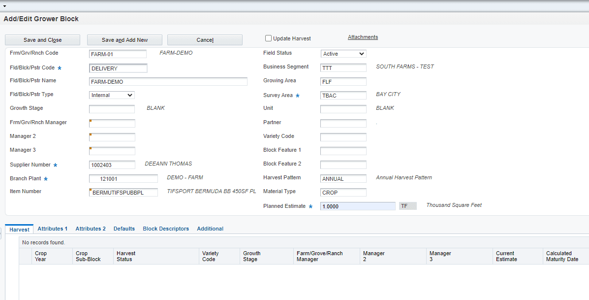 JD Edwards EnterpriseOne Grower Management Block