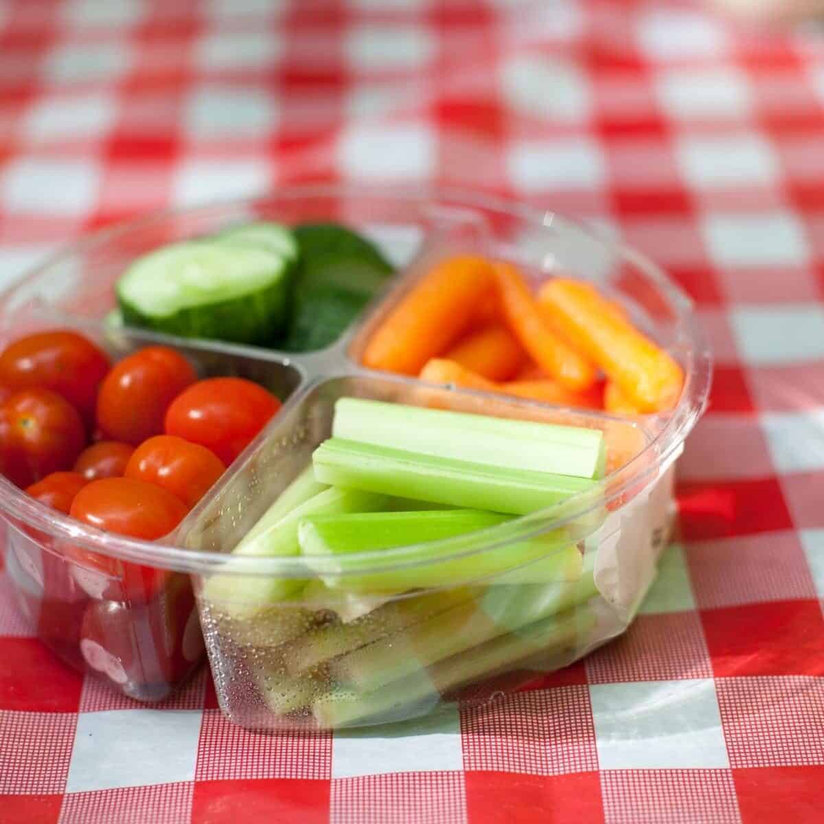 picnic blanket with plastic container of vegetable sticks and tomatoes