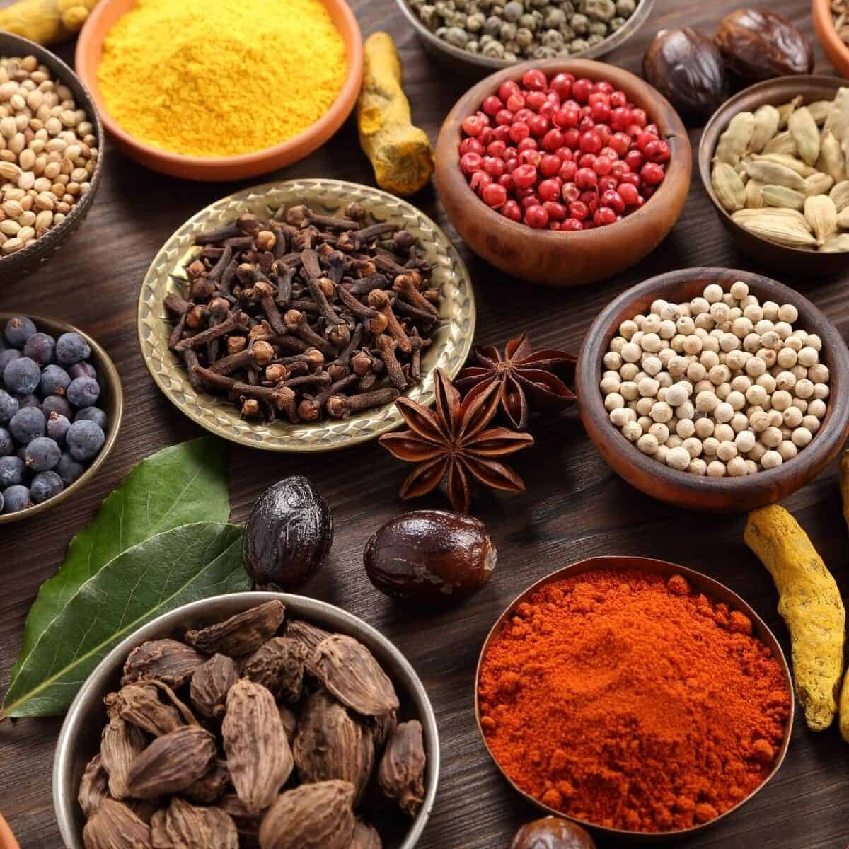selection of small bowls with different spices.