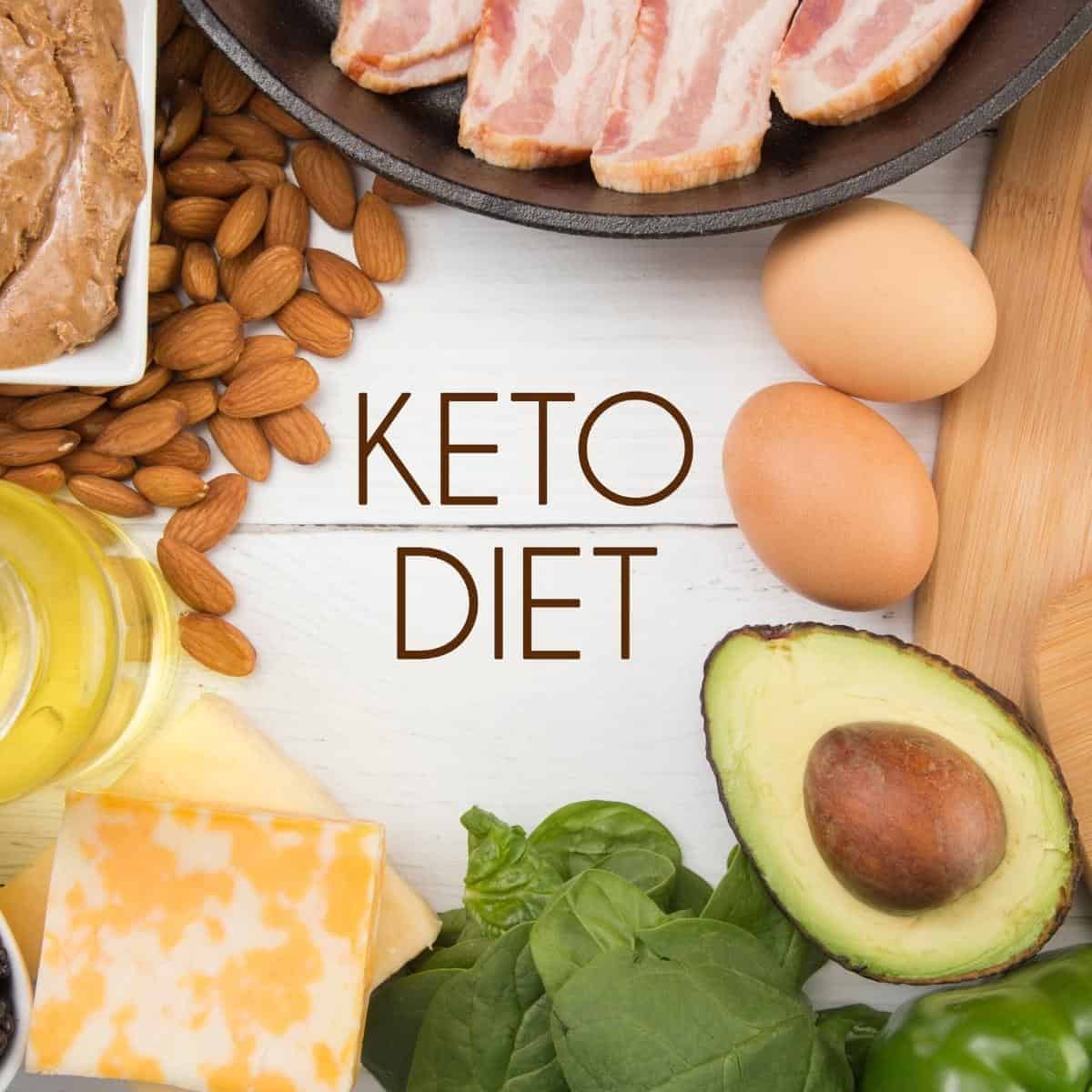A keto diet graphic with various food stuffs