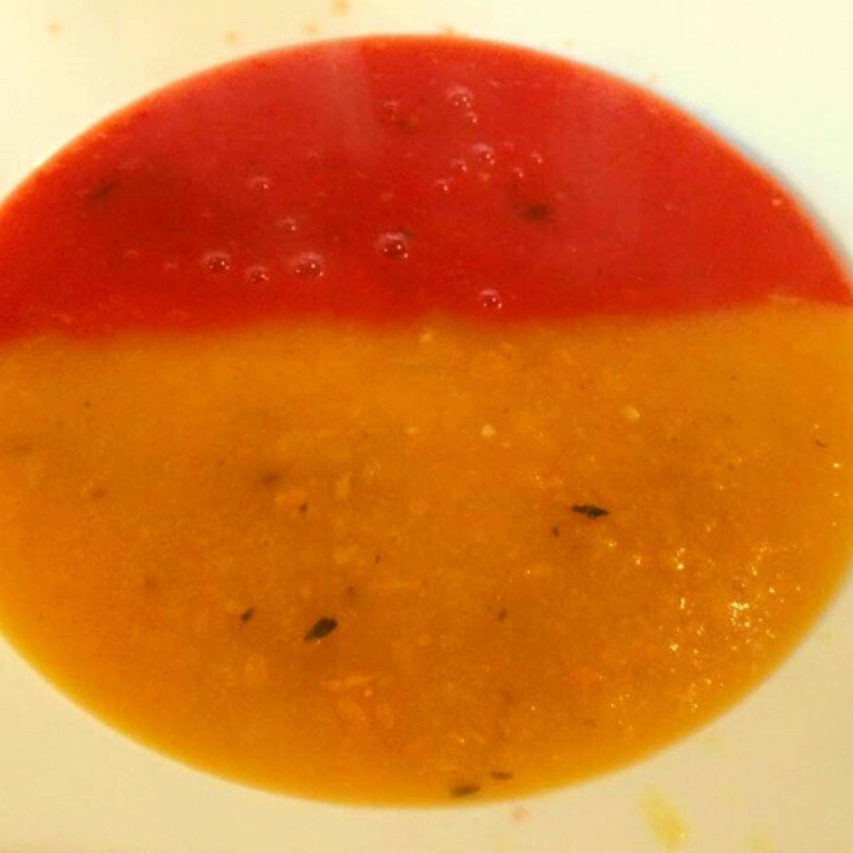 double soup half red pepper soup half yellow pepper soup visually impressive