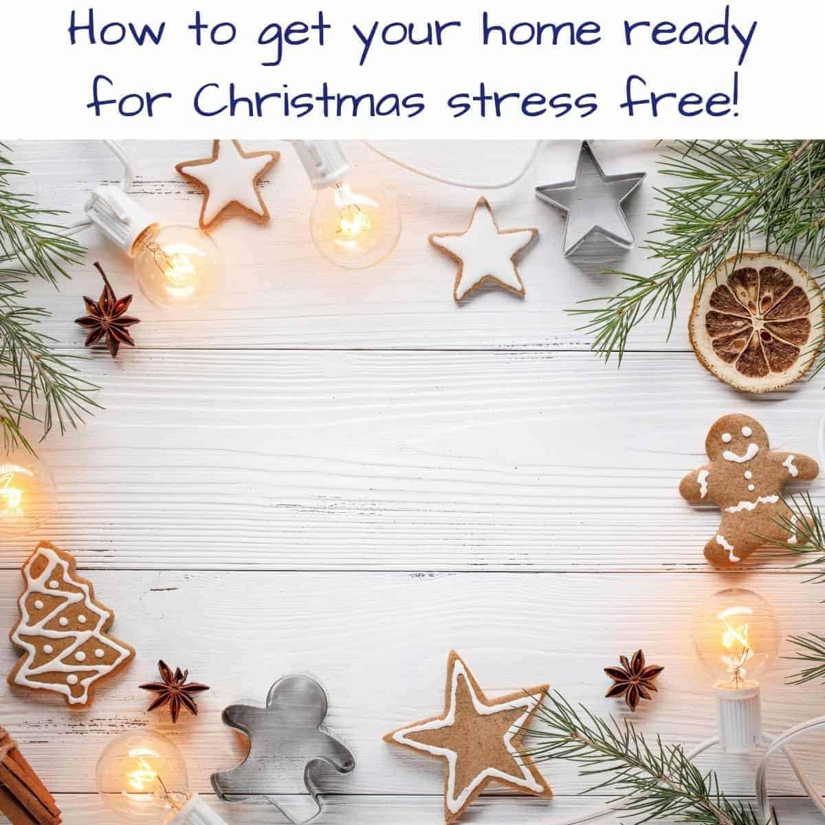 Pinterest pin of Christmas decor on white wooden surface