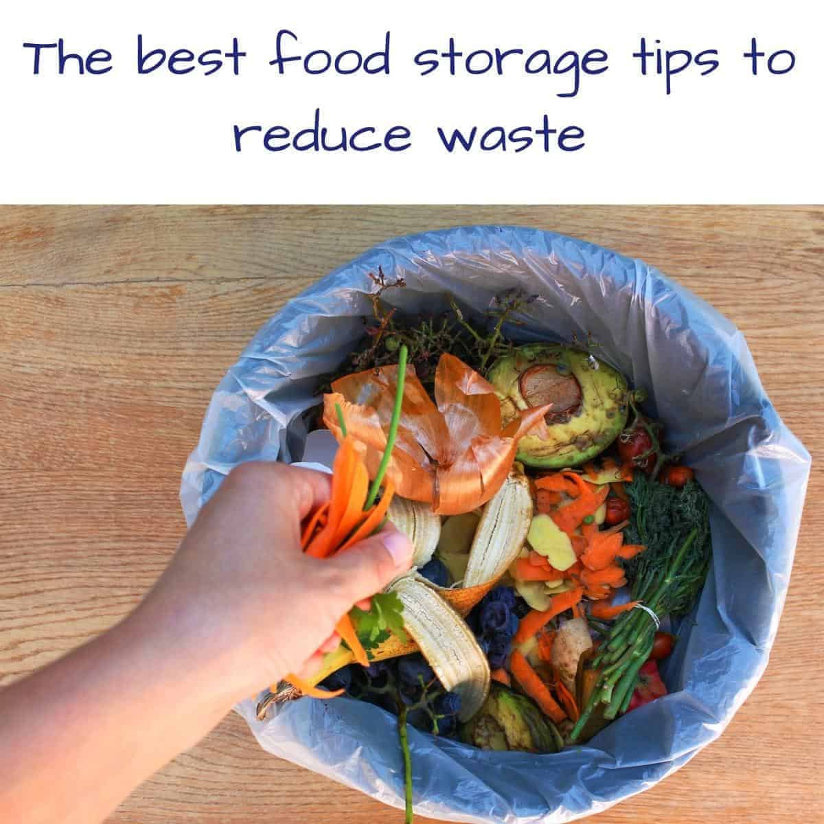 Pinterest pin of a person throwing vegetable food waste in the bin